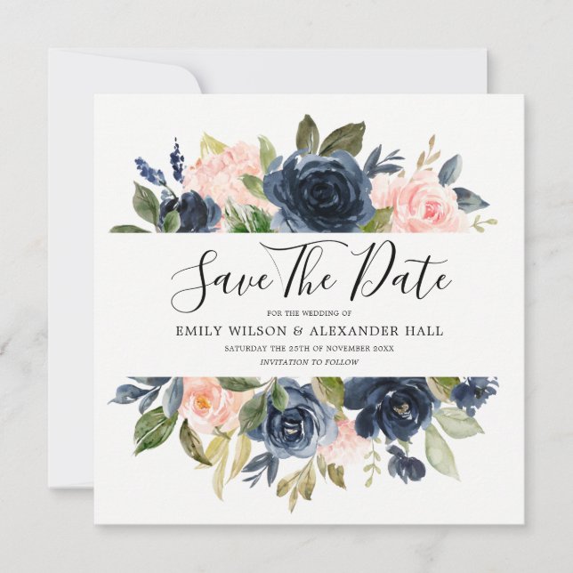 Save The Date Mariage Fleurs Aquarelle Rose & Nuit (Devant)