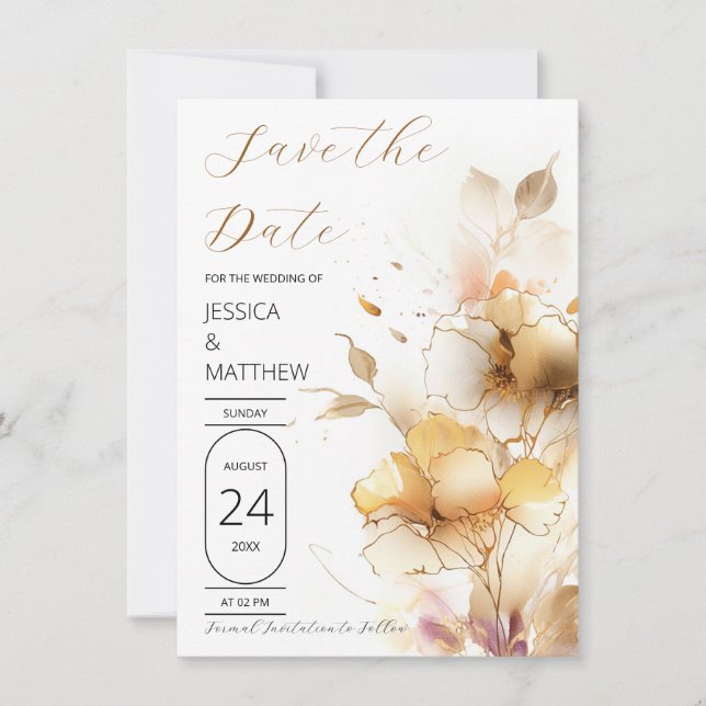 Save The Date Mariage Fleurs Blanches et Dorées (Devant)