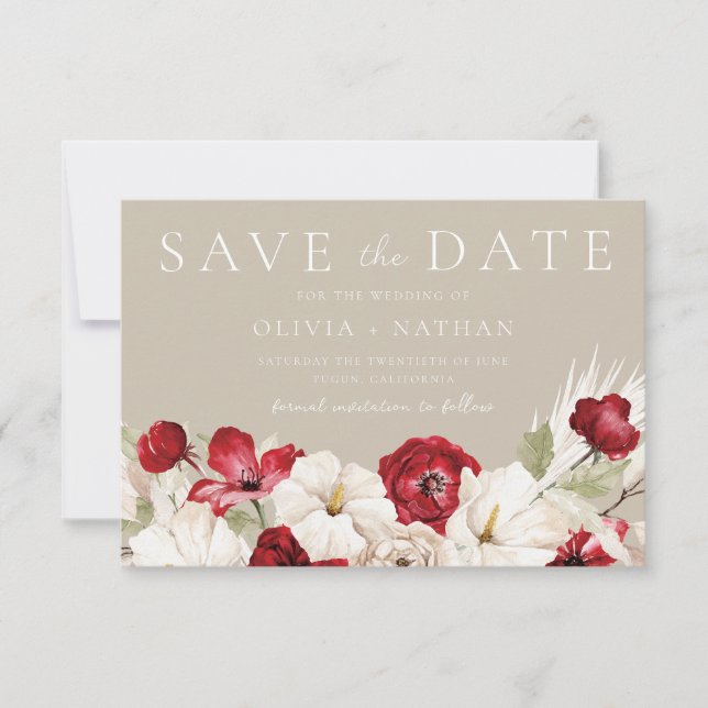 Save The Date Mariage Fleurs Blanches & Rouges  (Devant)