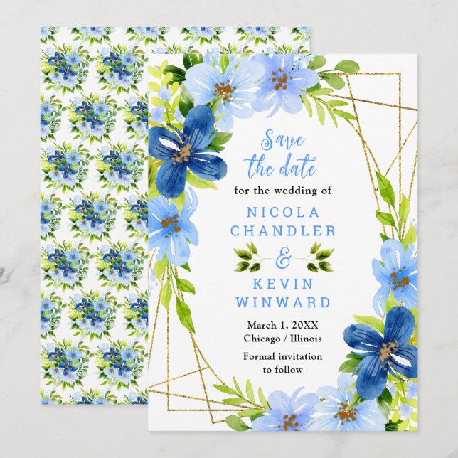 Save The Date Mariage Fleurs Bleues et Nuit avec Feuillage (Devant / Derrière)