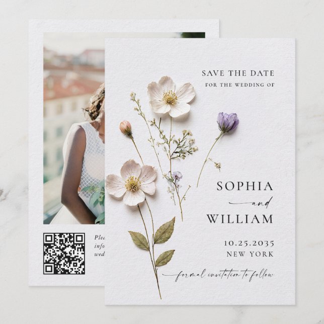 Save The Date Mariage Fleurs Boho Pastel Imprimé Élégant Pressé (Devant / Derrière)