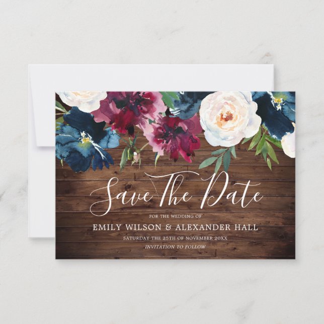 Save The Date Mariage Fleurs de Bourgogne Rouge Bois Rustique Na (Devant)