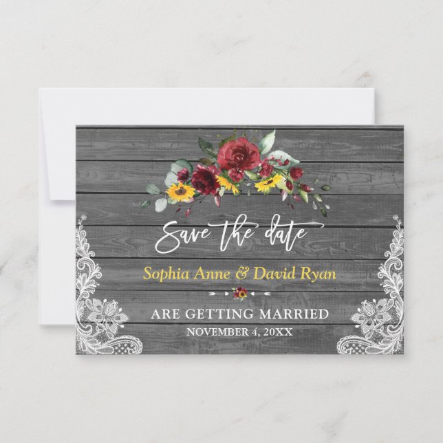 Save The Date Mariage Fleurs de Tournesol Bois Gris Dentelle de  (Devant)