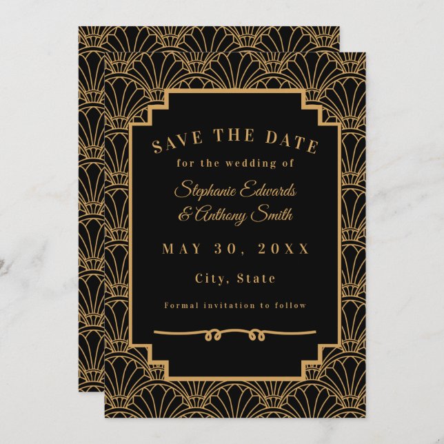 Save The Date Mariage Fleurs Éventail Art Déco Noir et Or  (Devant / Derrière)