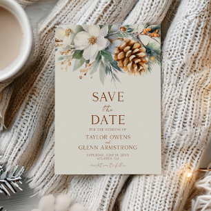 Save The Date Mariage Fleurs Florales d'Hiver Pin Cône