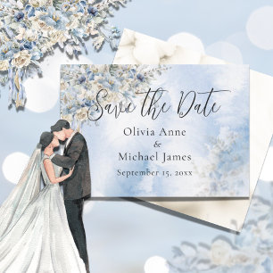 Save The Date Mariage Floral à l'Aquarelle Bleu Poussiéreux Scri