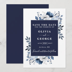 Save The Date Mariage Floral Aquarelle Bleu Marine Moderne