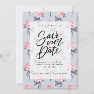 Save The Date Mariage floral aquarelle bleu poussiéreux et rose