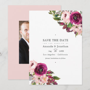 Save The Date Mariage floral aquarelle Marsala et rose tendre