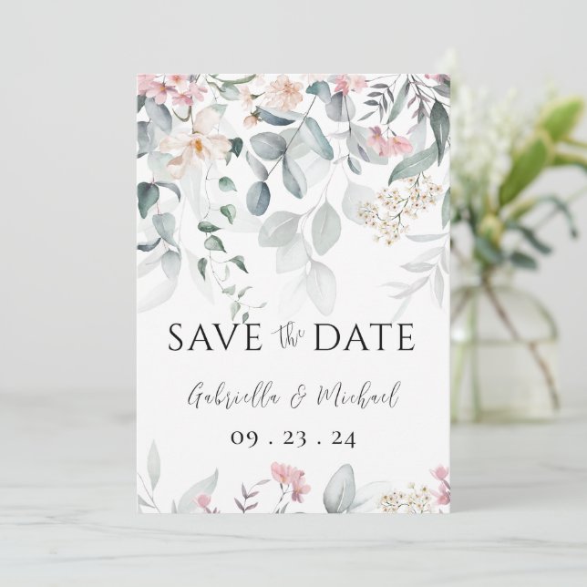 Save The Date Mariage Floral Aquarelle Rose et Feuillage (Debout devant)