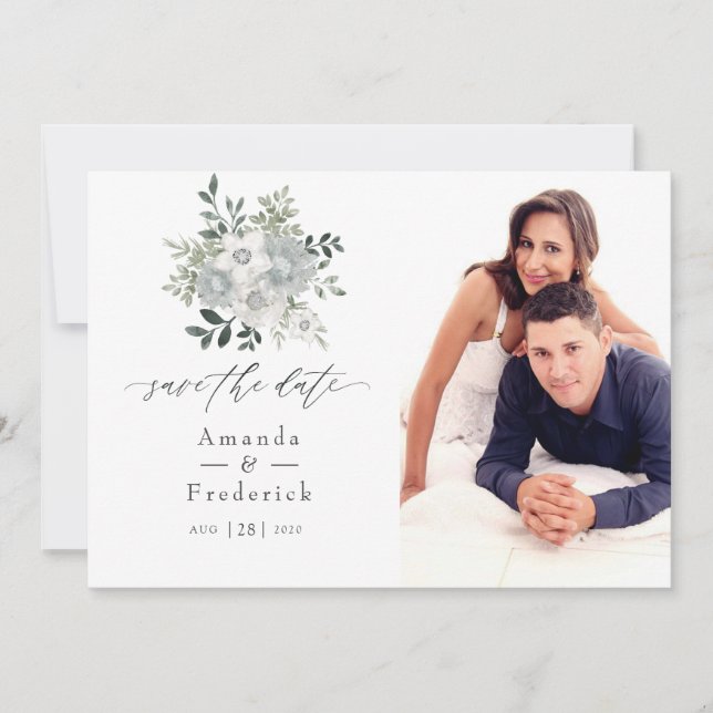 Save The Date Mariage Floral Argenté Aquarelle (Devant)