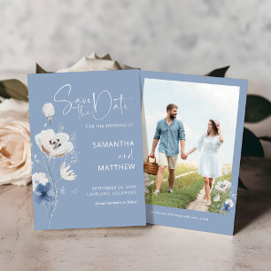 Save The Date Mariage Floral aux Fleurs Sauvages Bleu Poussiéreu