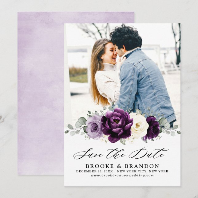 Save The Date Mariage floral blanc blanc blanc blanc de prune d' (Devant / Derrière)