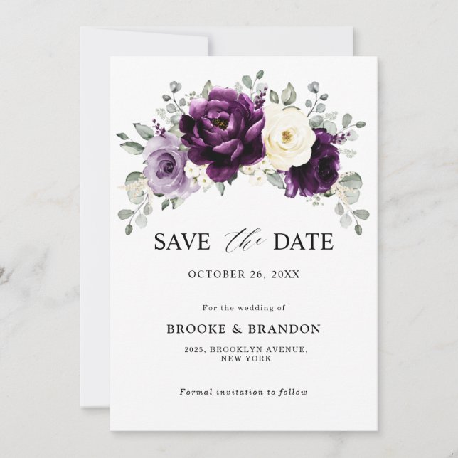Save The Date Mariage floral blanc blanc blanc blanc de prune d' (Devant)