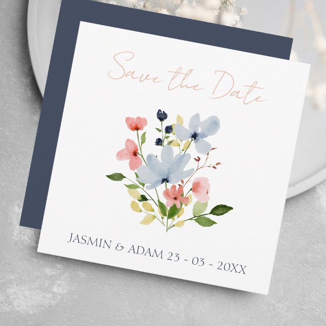 Save The Date Mariage floral bleu et rose simple Boho (Créateur téléchargé)