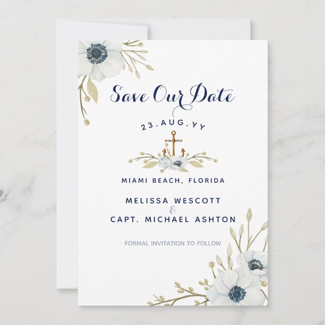 Save The Date Mariage floral bleu marine (Devant)