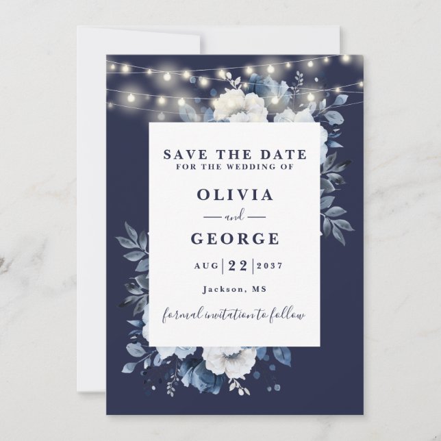 Save The Date Mariage floral bleu marine (Devant)