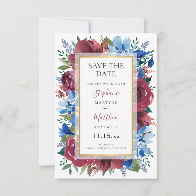 Save The Date Mariage floral bleu marine Bourgogne or (Devant)