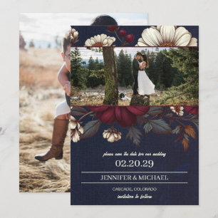 Save The Date Mariage floral bleu marine et bourgogne