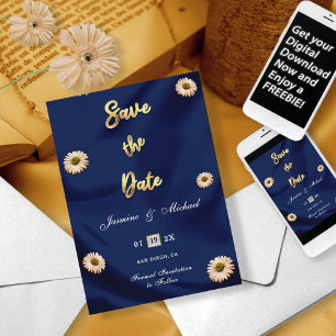 Save The Date Mariage floral bleu marine or argent ivoire beige