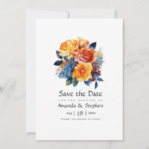 Save The Date Mariage floral bleu, orange, jaune et rouge