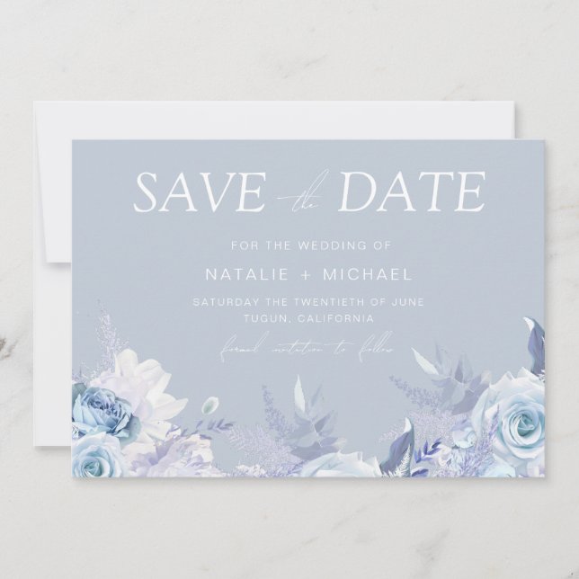 Save The Date Mariage Floral Bleu Poussiéreux Divin (Devant)
