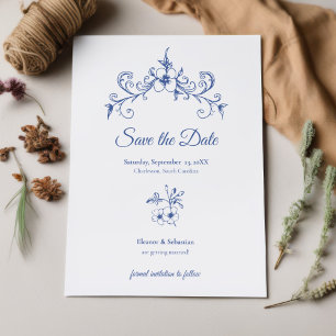 Save The Date Mariage Floral Bleu Poussiéreux Élégant Vintage Ro