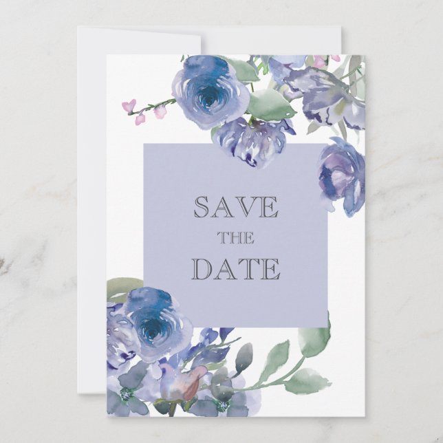Save The Date Mariage floral bleu rustique (Devant)
