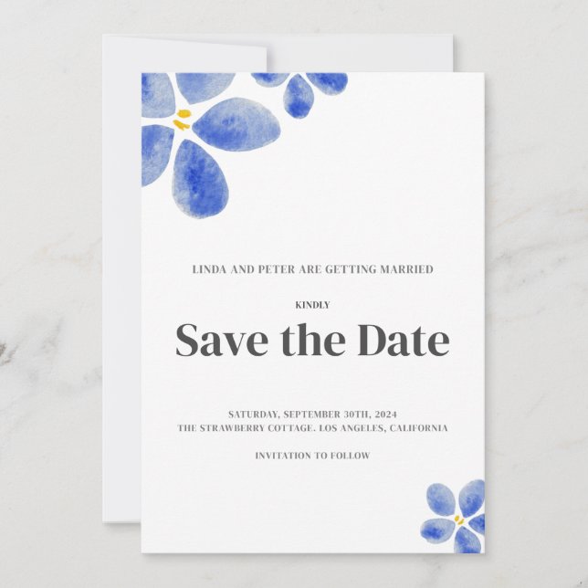 Save The Date Mariage floral bleu simple (Devant)