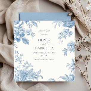 Save The Date Mariage floral bleu toile française élégante