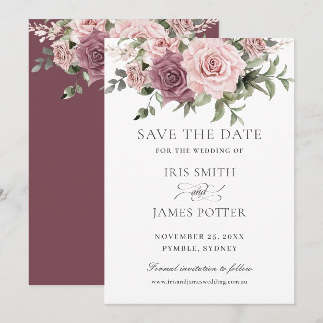 Save The Date Mariage Floral Bohème Rouge Cannelée Rose Fleurie (Devant / Derrière)