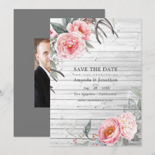 Save The Date Mariage floral bohème rustique rose et gris
