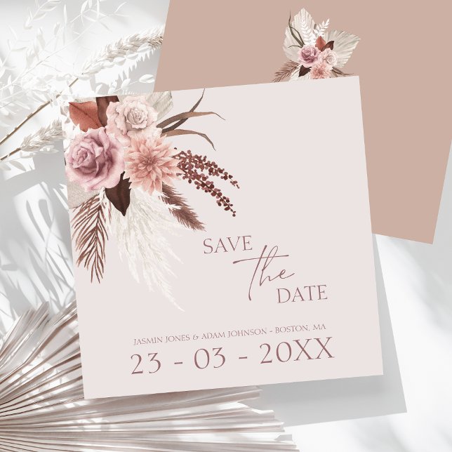 Save The Date Mariage Floral Bohème Terracotta et Herbe de Pampa (Boho Dusty Pink Dried Flowers Pampas Grass Wedding Save The Date)