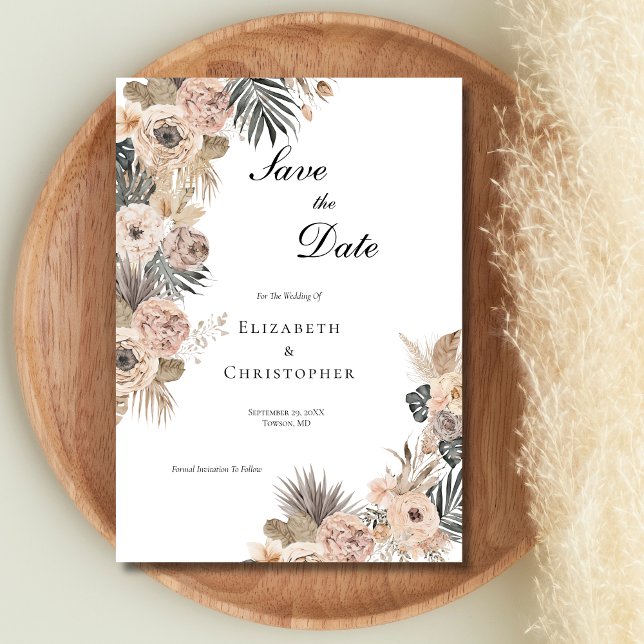 Save The Date Mariage Floral Botanique Bohème Fleurs Beige Rose  (Elegant Watercolor pink gray boho floral botanical wedding save the date. )