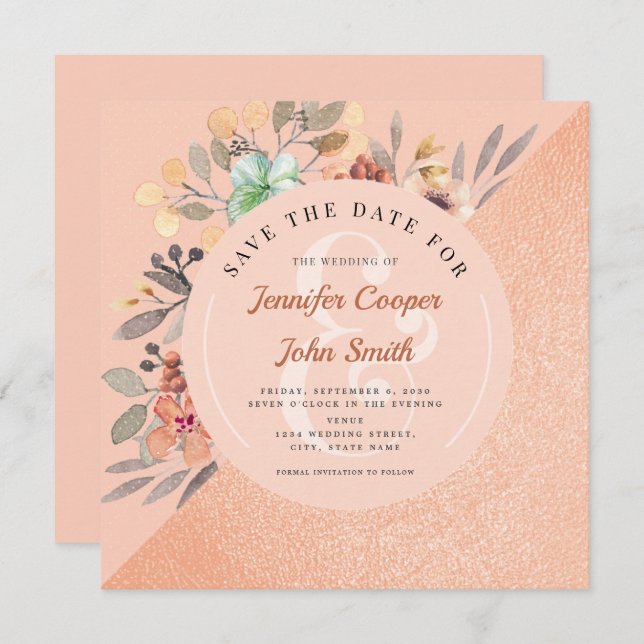 Save The Date Mariage floral chic en cuivre (Devant / Derrière)