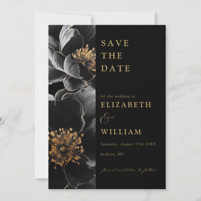 Save The Date Mariage floral chic et noir et or (Devant)