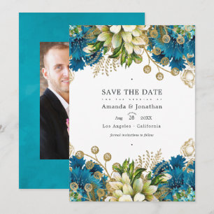 Save The Date Mariage Floral Chic Turquoise et Or Vintage