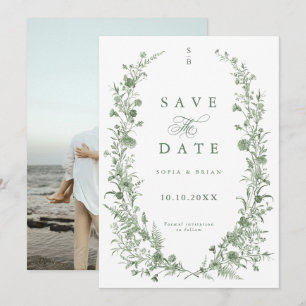 Save The Date Mariage Floral Classique Vintage Vert Sauge Élégan