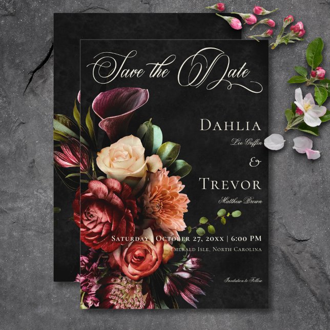 Save The Date Mariage floral d'automne élégant foncé (Dark Elegant Autumn Floral Wedding Save The Date Card)