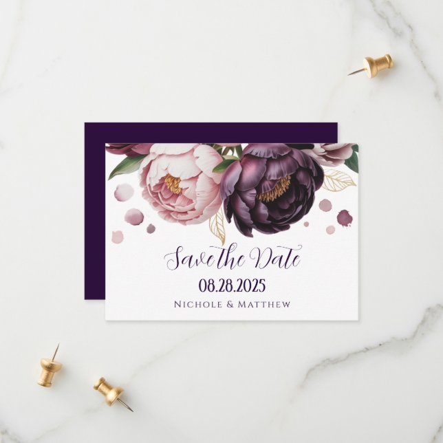 Save The Date Mariage floral de Blush et Plum Peony (Devant/Arrière en situation)