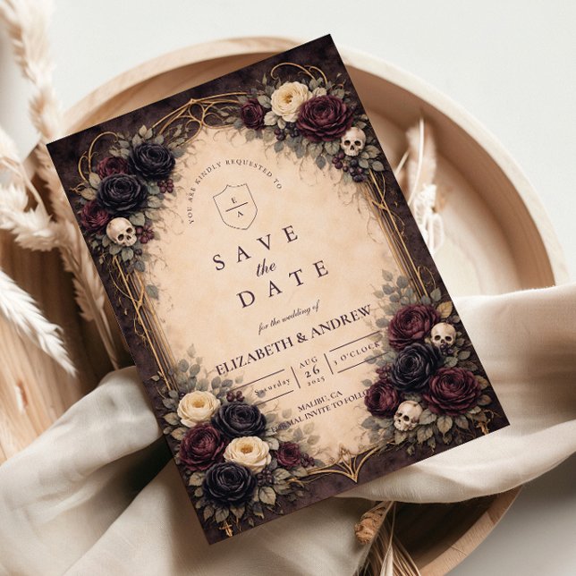 Save The Date Mariage Floral de Crâne Gothique Sombre (Créateur téléchargé)