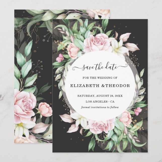 Save The Date Mariage floral de luxe noir et rose (Devant / Derrière)