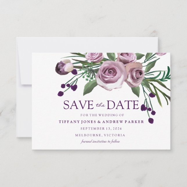 Save The Date Mariage Floral de Rose Violette Élégant (Devant)