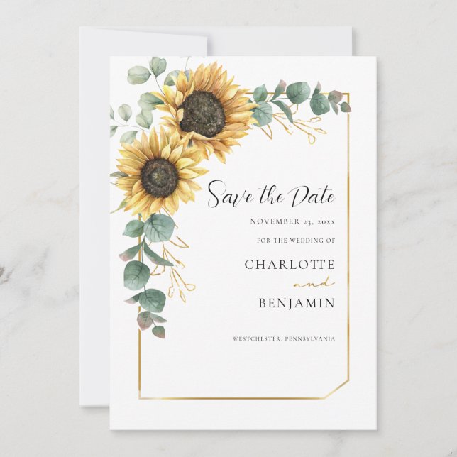 Save The Date Mariage floral de tournesol Eucalyptus (Devant)