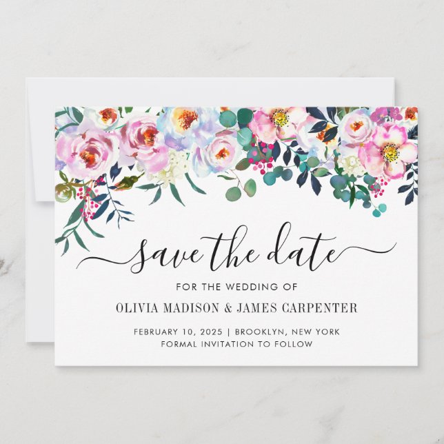 Save The Date Mariage floral d'eucalyptus rose rose moderne (Devant)
