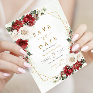 Save The Date Mariage Floral d'Hiver Bourguignon Or