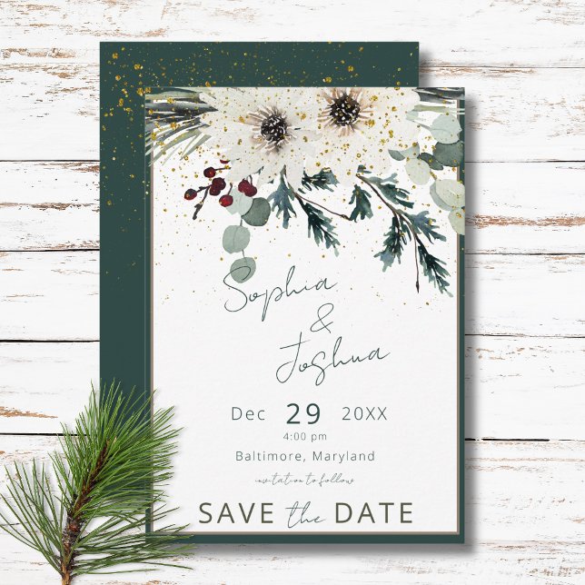 Save The Date Mariage Floral d'hiver des baies rustiques (Rustic Berries Winter Floral Wedding Save The Date)