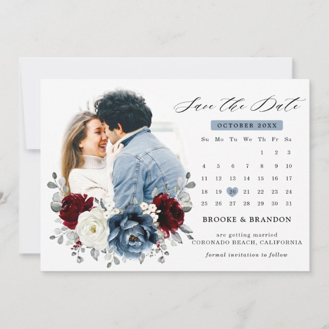 Save The Date Mariage floral d'ivoire blanc bleu ardoise (Devant)