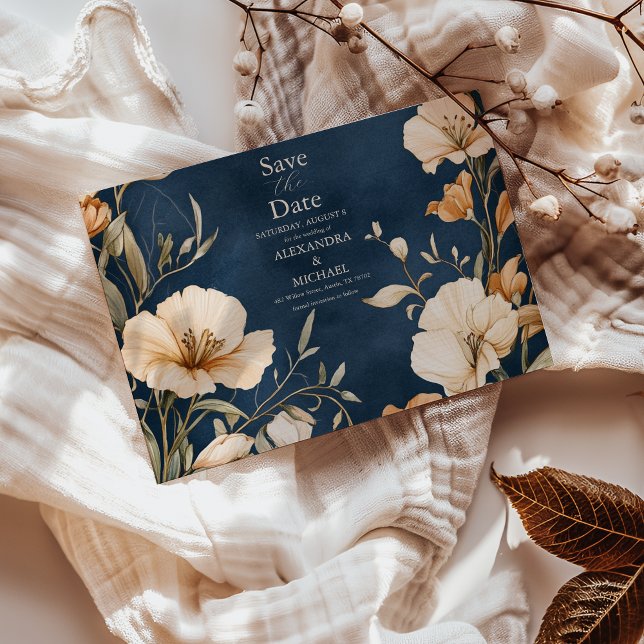 Save The Date Mariage floral d'ivoire Elégant bleu marine (Créateur téléchargé)