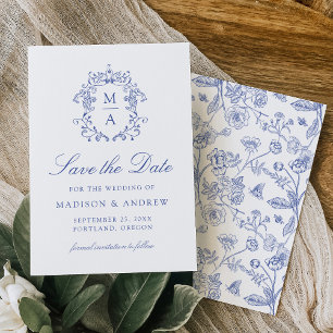 Save The Date Mariage Floral Élégant Bleu Chinoiserie Victorien